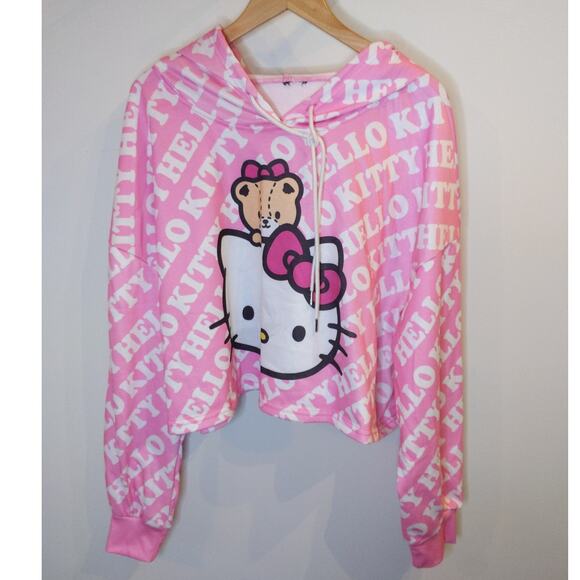 Hello Kitty Pink Cropped Hoodie Oversized M/L Kawaii Y2K Teddy Bear Logo - Picture 1 of 7